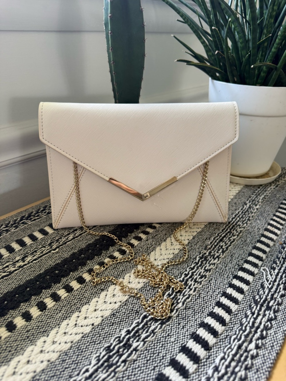 Cream Envelope Clutch with Gold V Accent and Chain